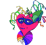 A smiling heart-shaped mask with a rainbow collar